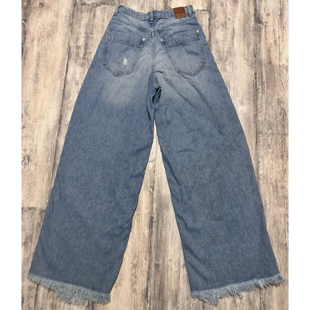 Free People We The Free High Rise Wide Leg Jeans Raw Hem Distressed 26 Boho